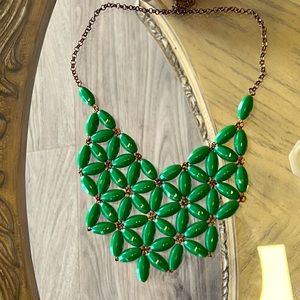 Green beaded bib necklace with brass chain flower power